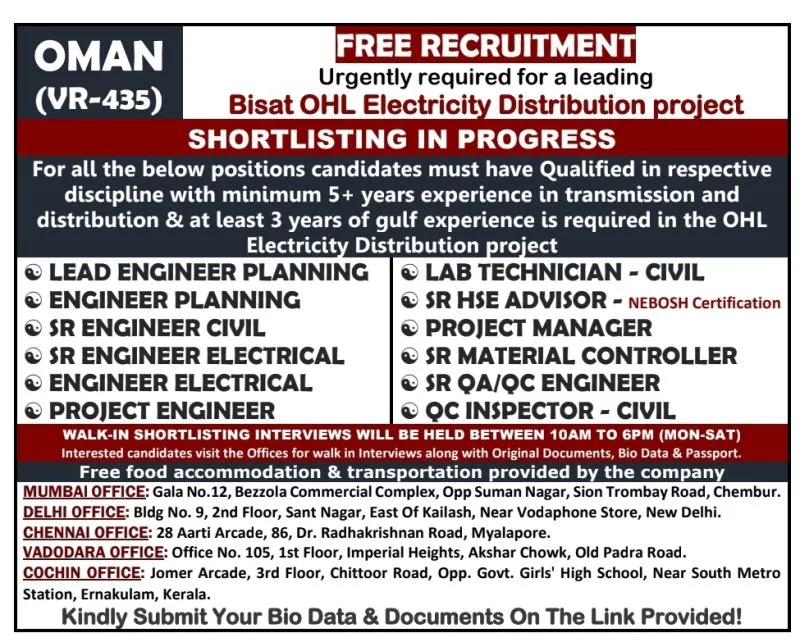 OMAN – JOB VACANCY FOR BISAT OHL ELECTRICITY DISTRIBUTION PROJECT